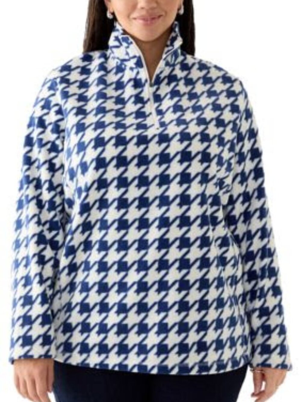 Land's End Blue White Houndstooth 1/4 Zip Fleece Pullover Jacket Preppy 2X NWT